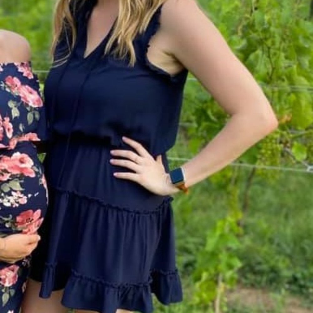 Fab'rik, V Neck Blue Dress, Ruffle Bottom, Size Medium, Sleeveless